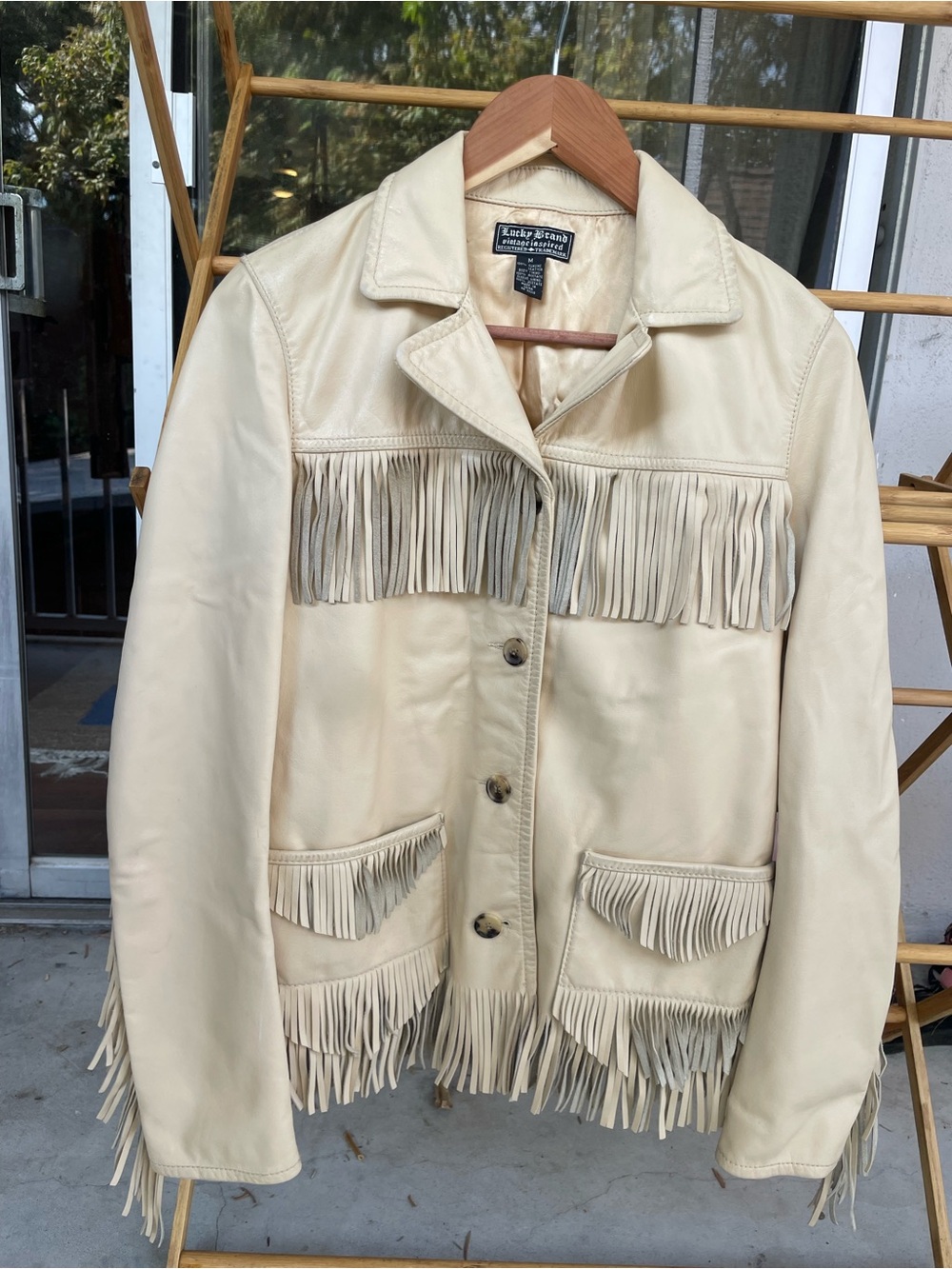 Lucky Brand Cream Leather Fringe Jacket
